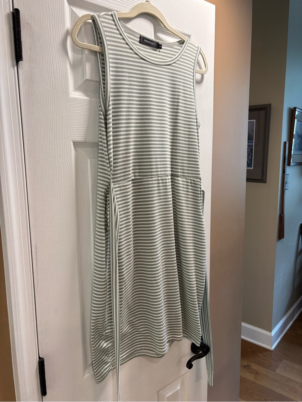 Merokeety Women's Sleeveless Striped Tank Dress in Sage/White